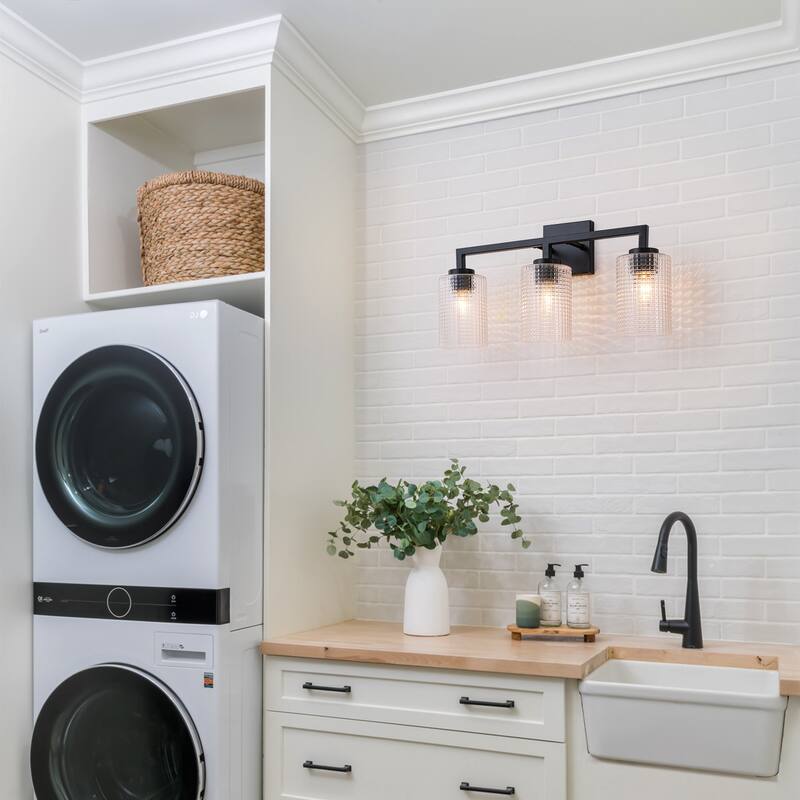 3/4-Light Modern Black Wall Sconce Bathroom Vanity Light with Grid Glass Shades