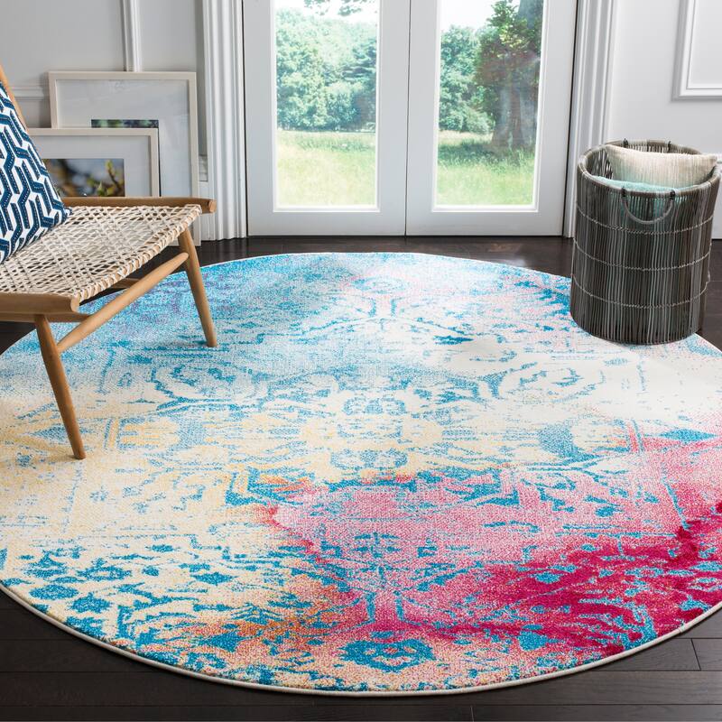 SAFAVIEH Watercolor Sally Modern Abstract Medallion Rug - 6'7" Round - Light Blue/Light Yellow
