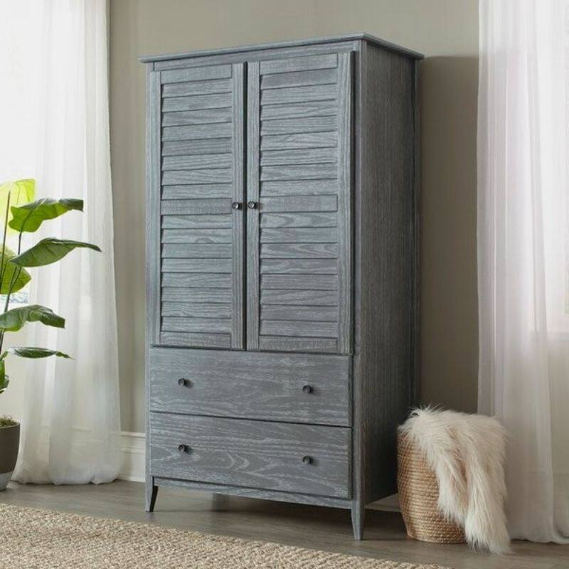 FarmHome Louvered Distressed Solid Pine Armoire - Grey