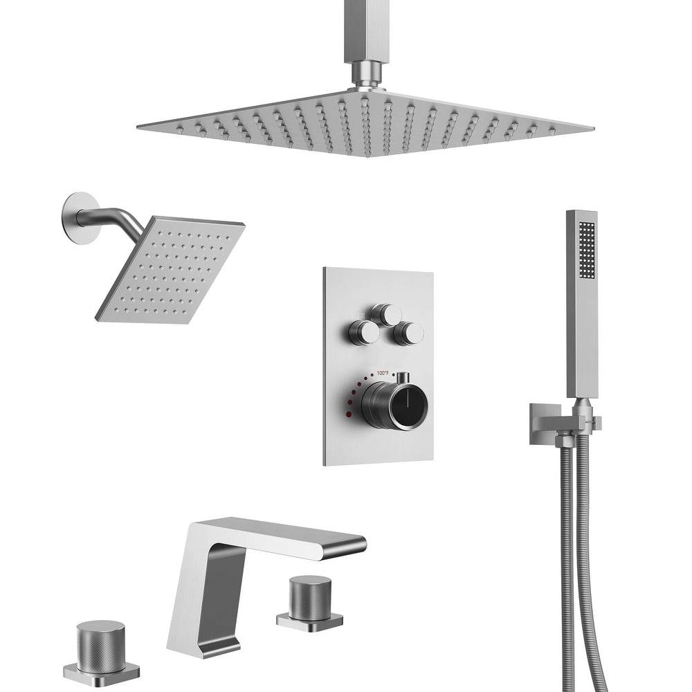 GRANDJOY 12" Rainfall & 6" Dual Shower System with 2-Handle Waterfall Faucet Set Combo Kit