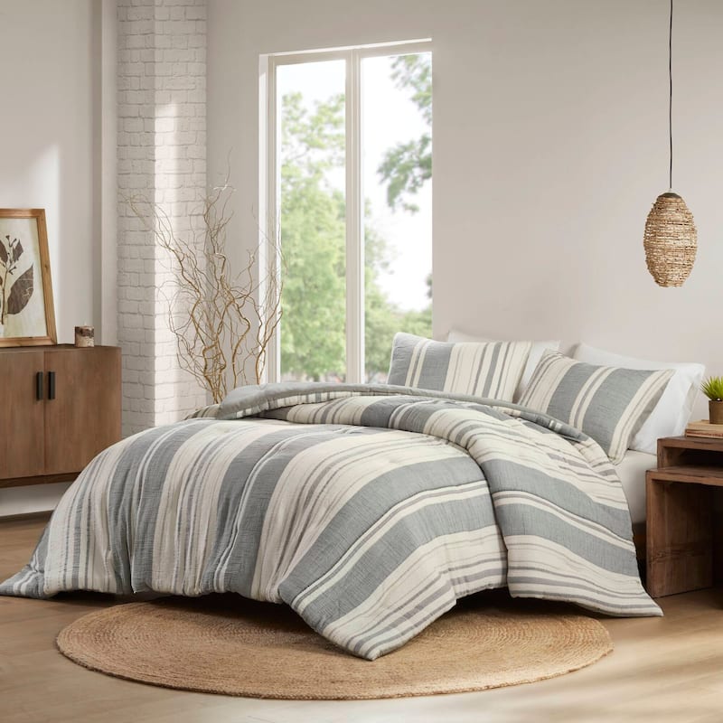 GDF Studio - Amara Textured Cotton Comforter 3-Piece Set with Waffle and Gauze Weave - Grey (King/Cal King)