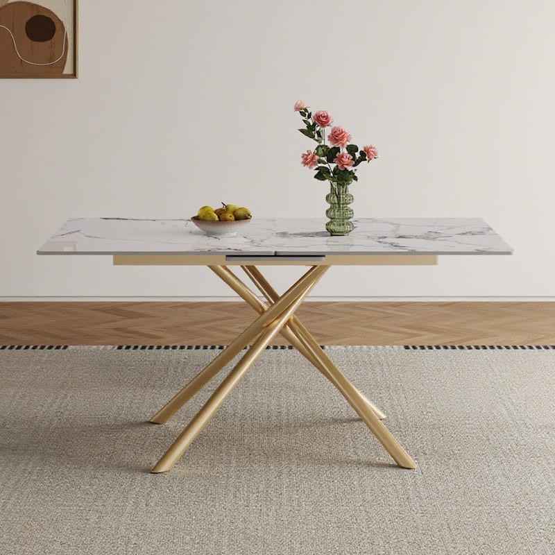 59-inch Modern Round Expandable Dining Table, Burnt Stone Top & Golden Carbon Steel X-Base, Sturdy 4-6 Person Table - Gold+Creamy White