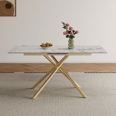 59-inch Modern Round Expandable Dining Table, Burnt Stone Top & Golden Carbon Steel X-Base, Sturdy 4-6 Person Table