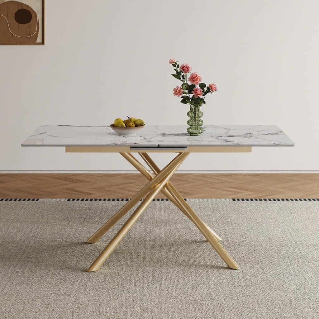 59-inch Modern Round Expandable Dining Table, Burnt Stone Top & Golden Carbon Steel X-Base, Sturdy 4-6 Person Table