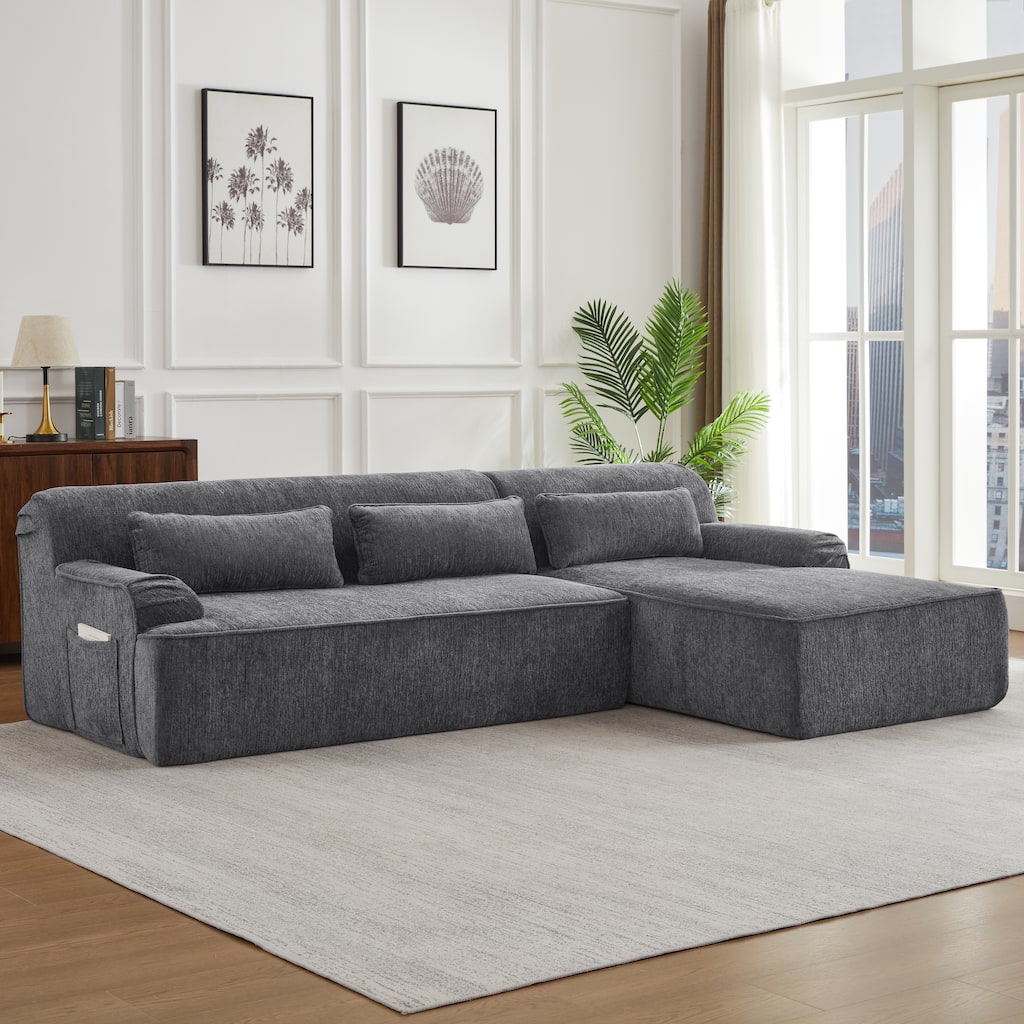 Floor Standing Chenille L-shape Chaise Sectional Sofa with Side Pocket