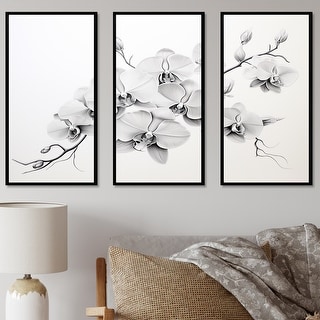 Designart "Black And White Orchid Tranquility II" Orchids Framed Art Set of 3 - Traditional Black Wall Art Set 3 Pieces