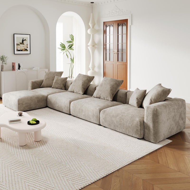 L-Shaped Couch Corduroy Sofa 5-seat Modular Large Sectional Couch with Ottoman for Living Room - Light Brown