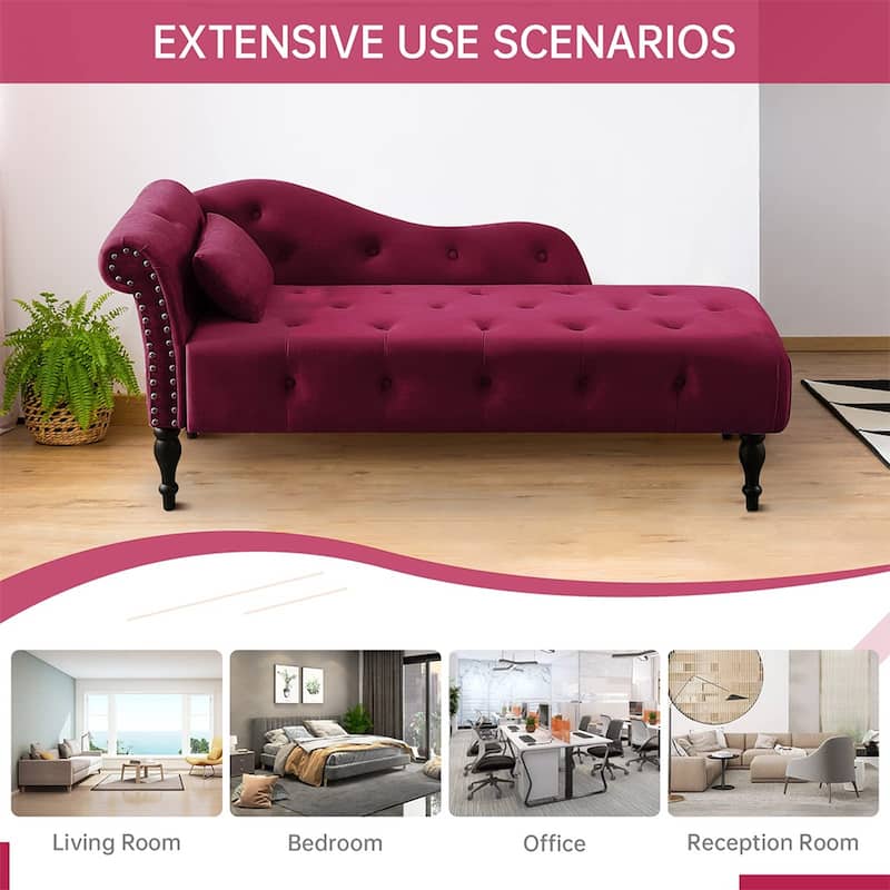 60"W Velvet Chaise Lounge, Tufted with Pillow & Nailhead Decorate - 60.6W" x 27.5D" x 28.3"H