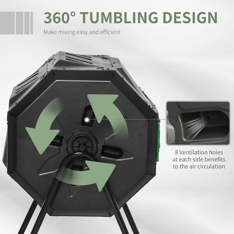 Outsunny Tumbling Compost Bin Outdoor Dual Chamber 360-deg Rotating Composter 43 Gallon w/ Sliding Doors & Solid Steel Frame