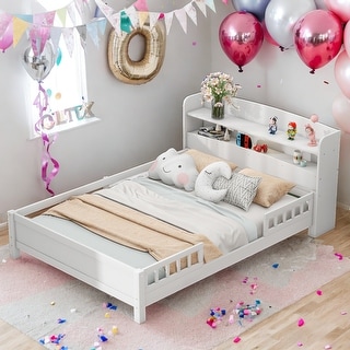 Full Platform Bed with LED, Storage Headboard & Guardrail