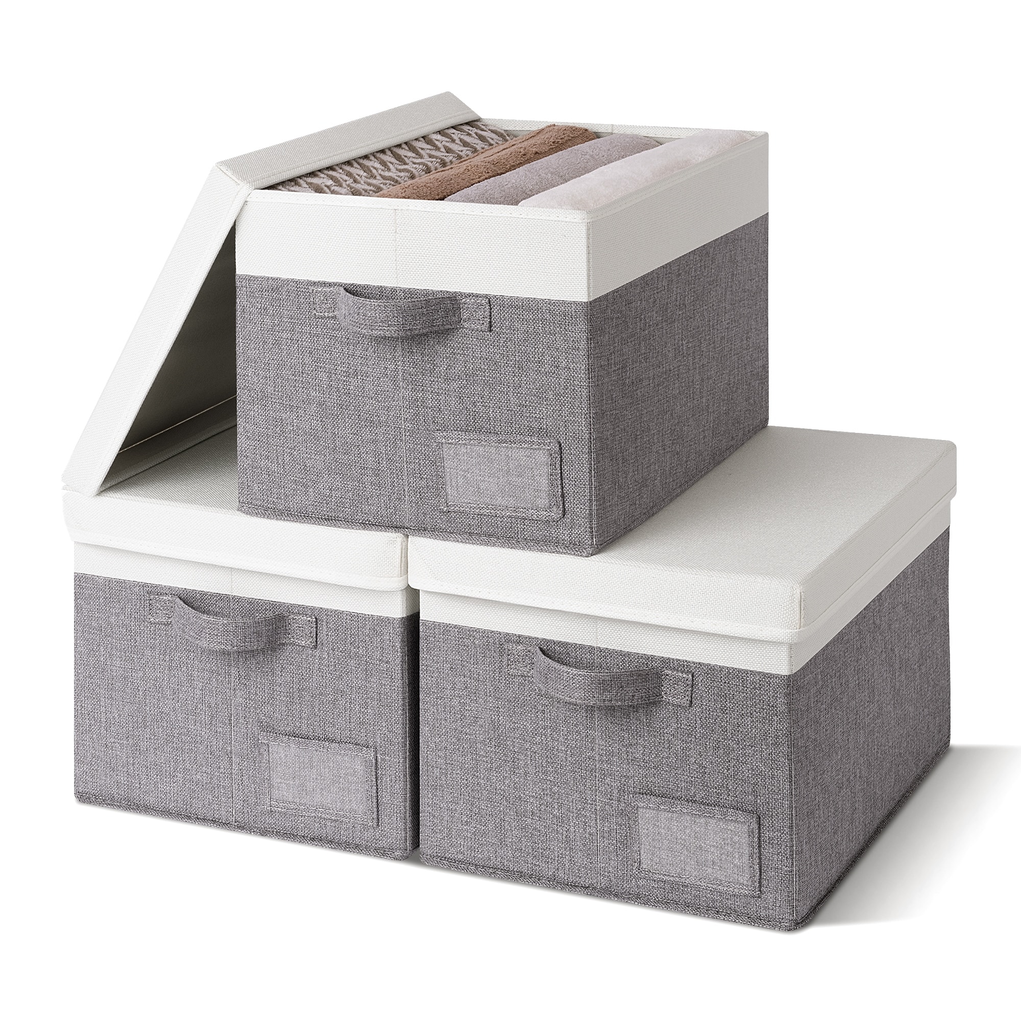 Fabric Storage Bins with Lids & Label Holder, Stackable Design, Set of 3