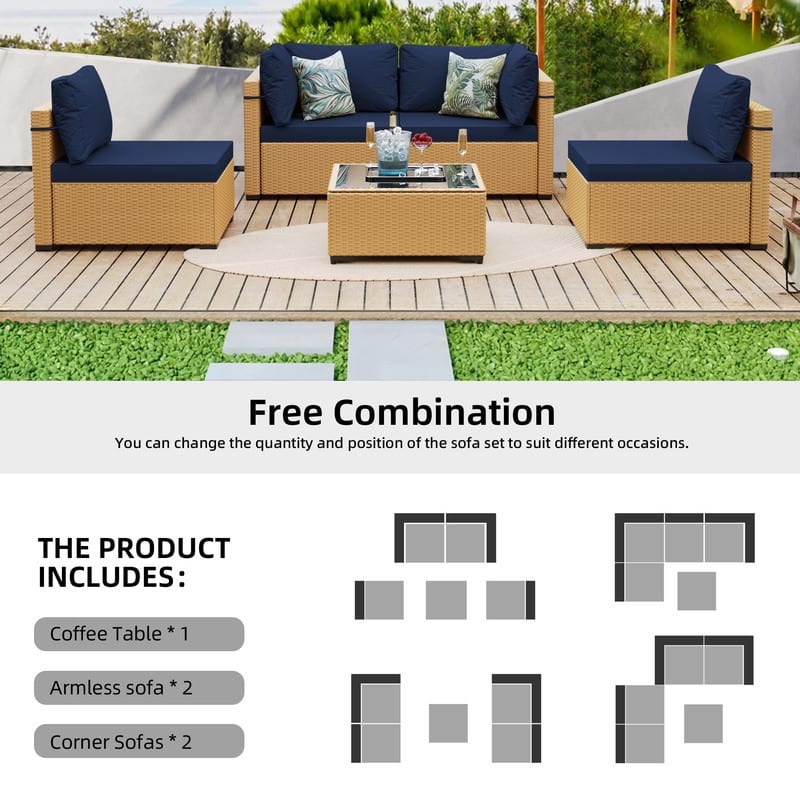 Patio Watcher 5-Pieces Yellow Rattan Conversation Set with Cusions for Outdoors