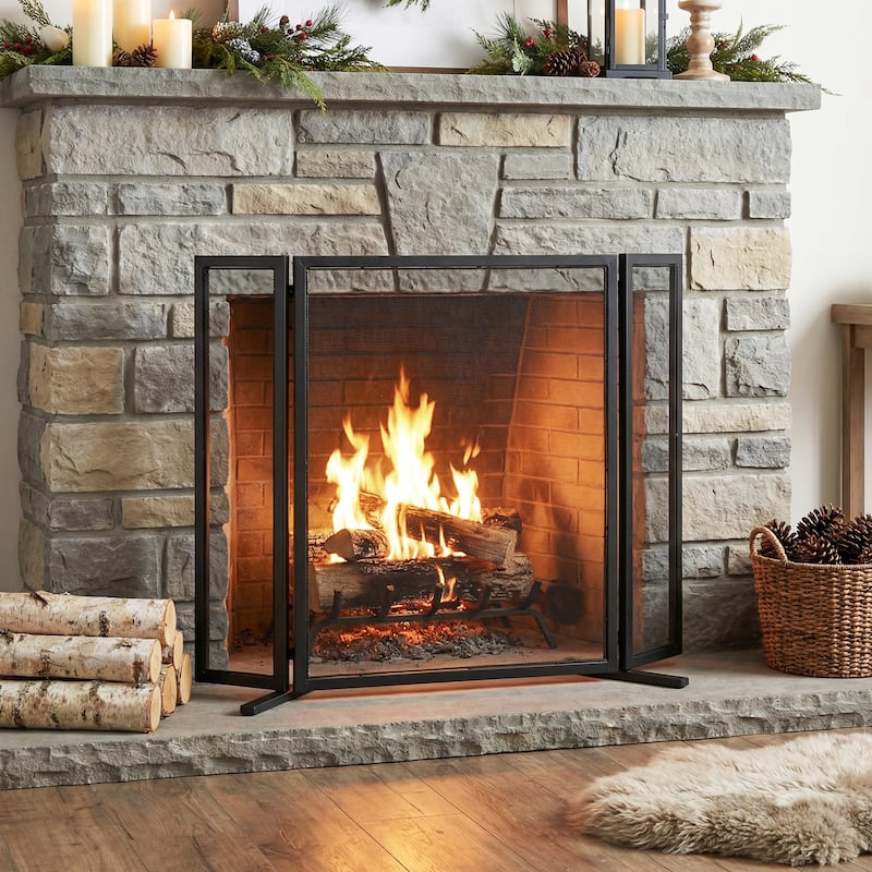 Christopher Knight Home - Quiana Modern Iron Fireplace Screen with Minimalist Mesh Panels - 40" W x 31" H - 40" W x 31" H - Black