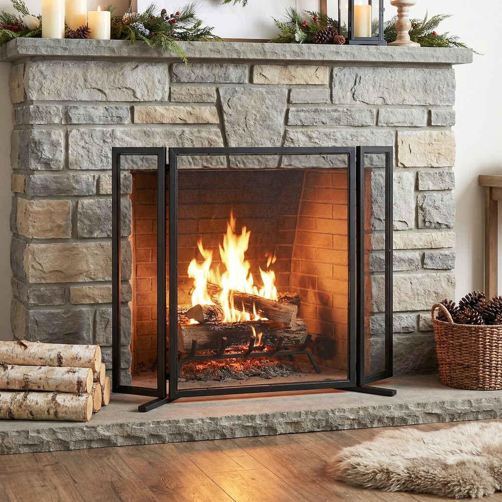 Christopher Knight Home - Quiana Modern Iron Fireplace Screen with Minimalist Mesh Panels - 40" W x 31" H