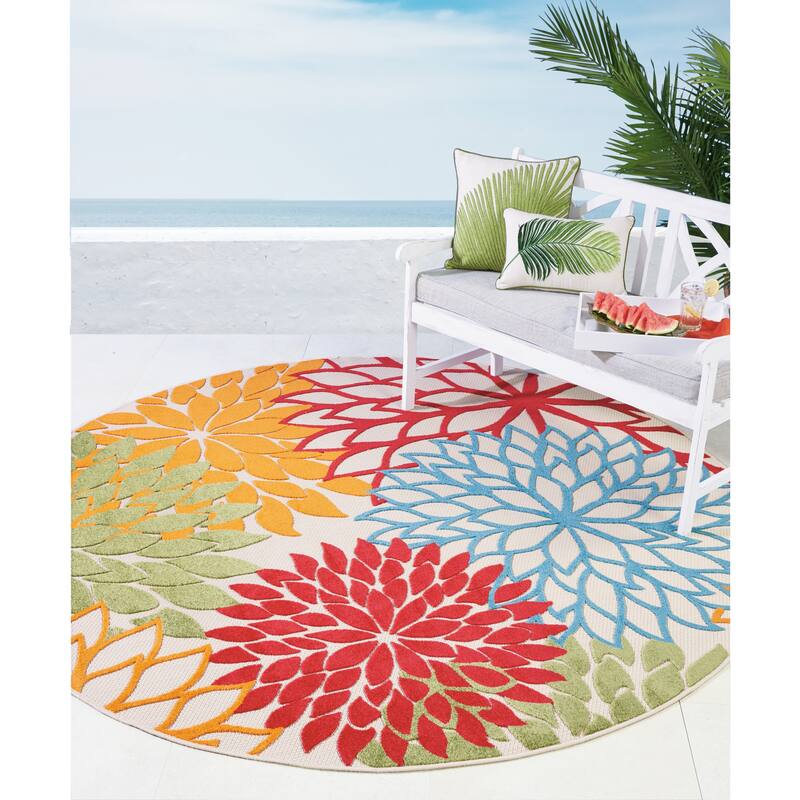 Nourison Aloha Floral Modern Indoor/Outdoor Area Rug - 7'10" Round - Red/Orange