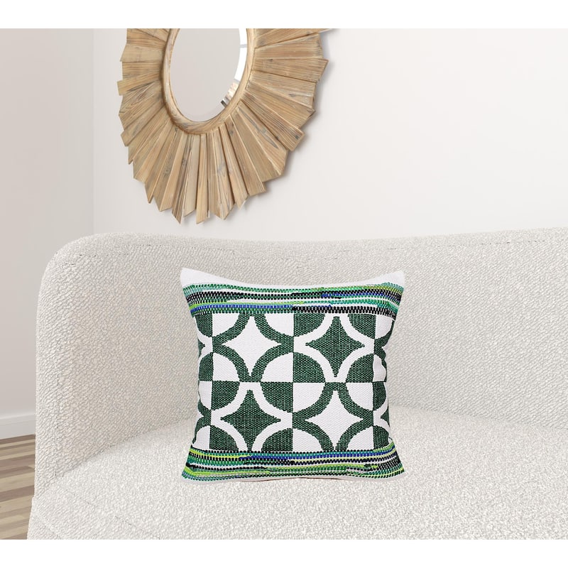 HomeRoots 20" X 20" Green White And Blue 100% Cotton Geometric Zippered Pillow
