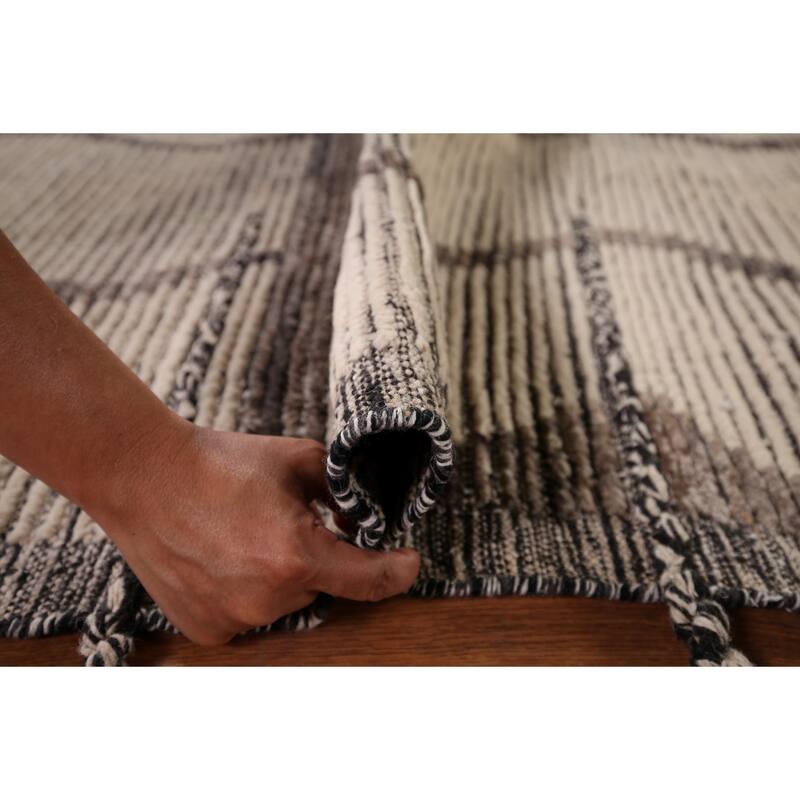 All-Over Striped Moroccan Abstract Area Rug Hand-Knotted Wool Carpet - 7'8"x 10'10"