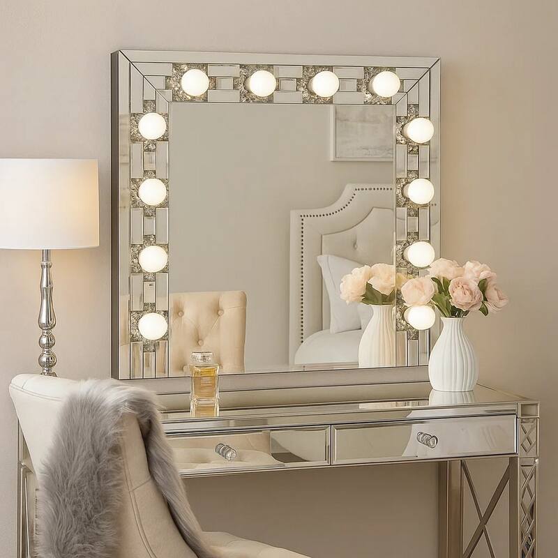 Zaff 32 Inch Modern Glam Lighted Mirror, 12 Sockets, Faux Diamonds, Silver