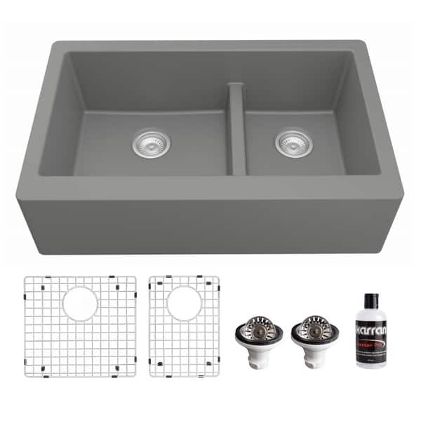 slide 2 of 62, Karran Farmhouse/Apron-Front Quartz Double Bowl Kitchen Sink Kit Grey