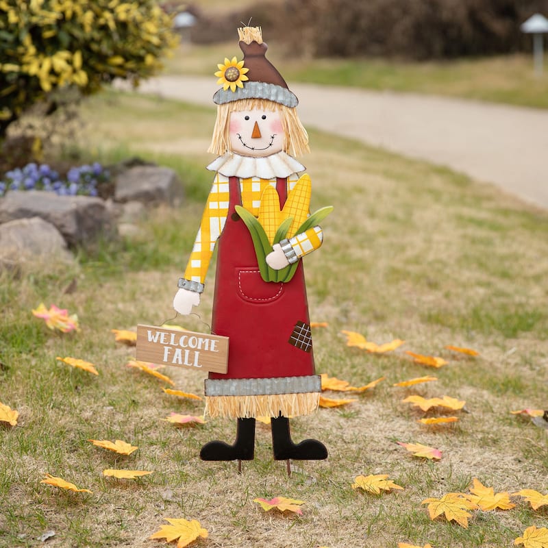Glitzhome Fall Metal Scarecrow Yard Stake Standing/Hanging Decor for Thanksgiving