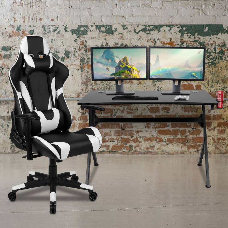 Gaming Bundle-Desk, Cup Holder/Headphone Hook & Reclining Chair - Black