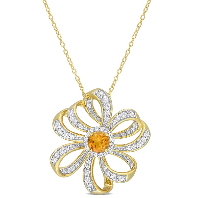 Miadora Madeira Citrine and White Topaz Floral Necklace in Yellow Plated Sterling Silver
