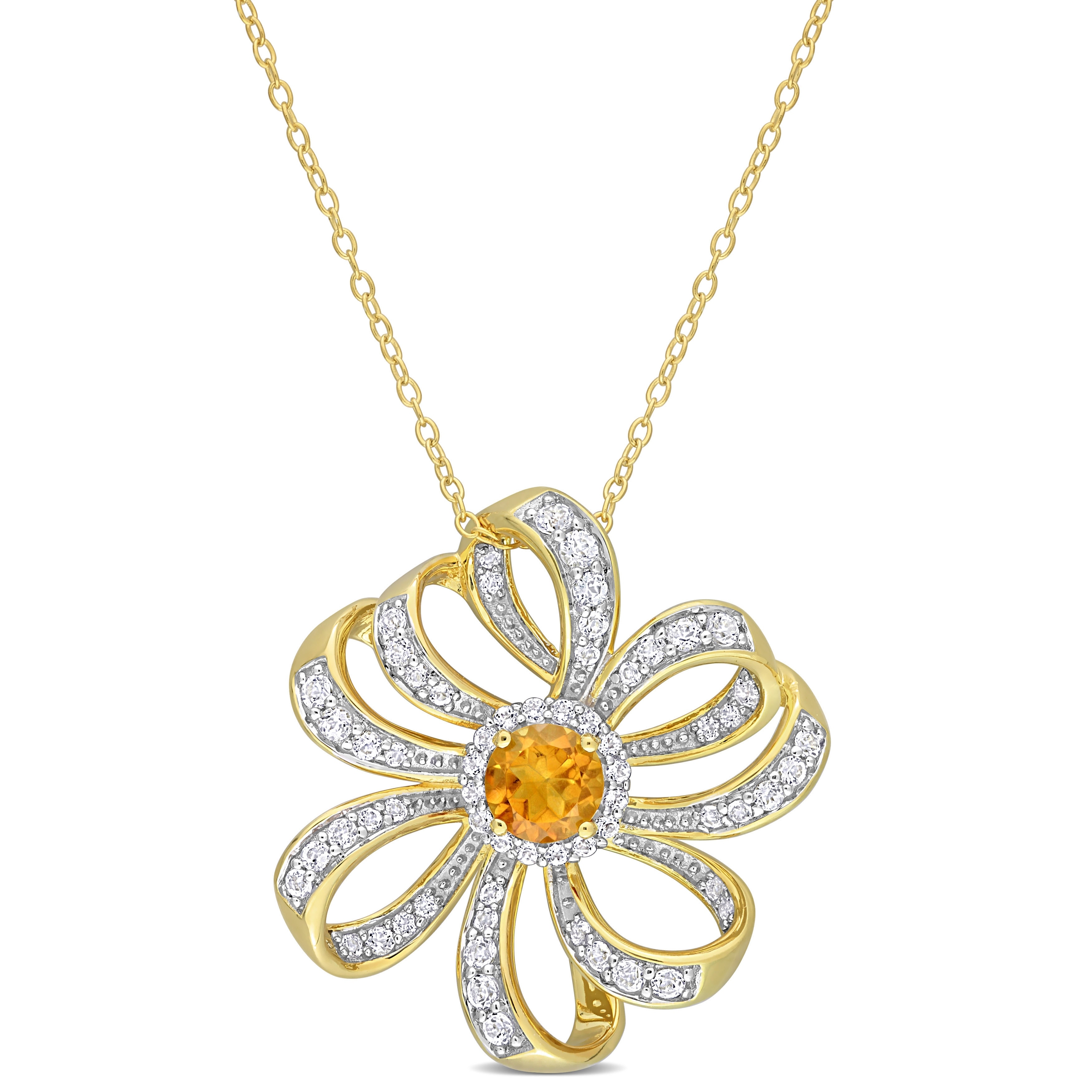 Miadora Madeira Citrine and White Topaz Floral Necklace in Yellow Plated Sterling Silver