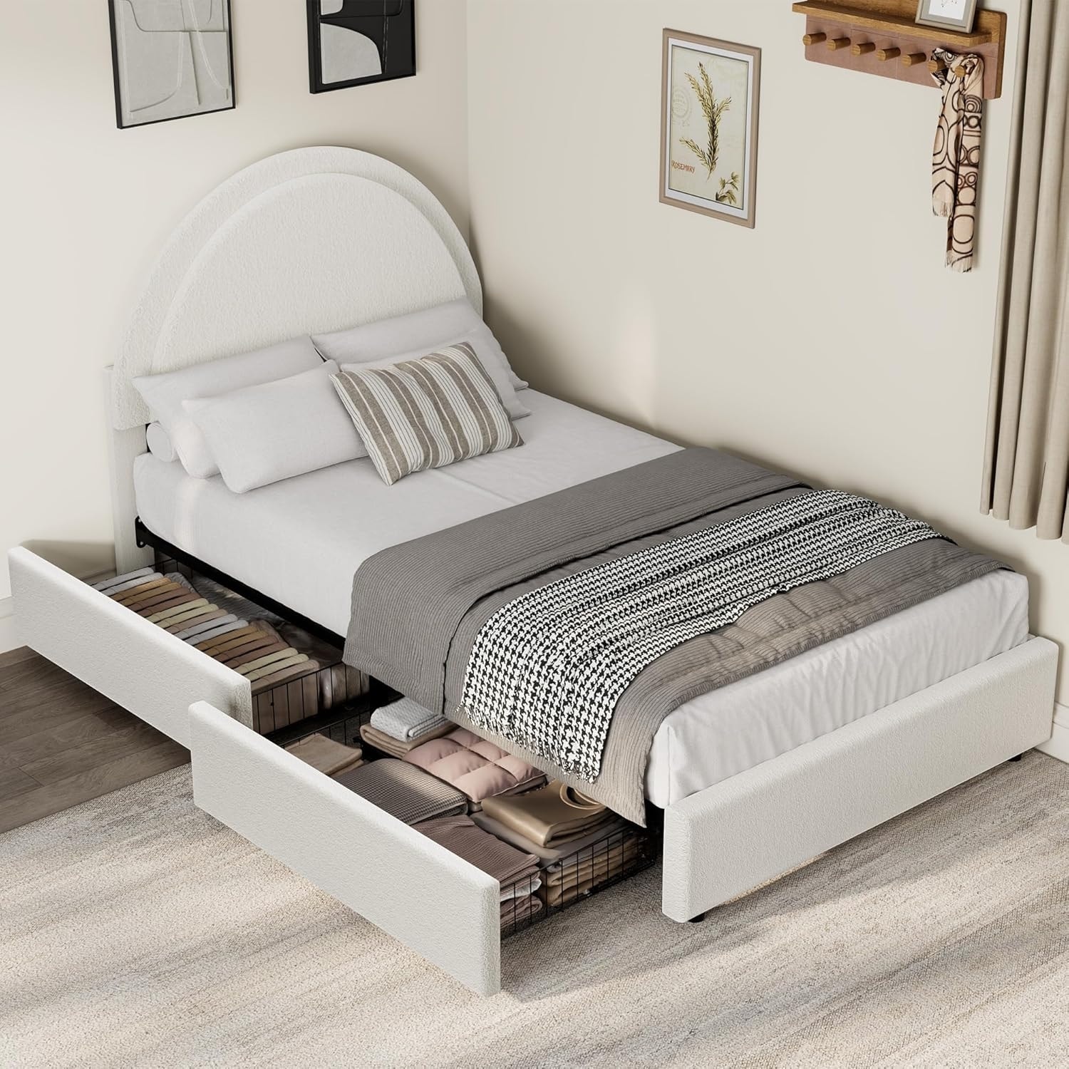 Twin Boucle Bed Frame with Storage Drawers, White Upholstered Platform Bed with Round Headboard, Noise-Free