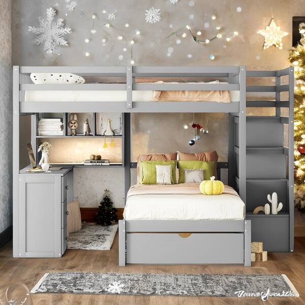 slide 2 of 18, Full over Twin Bunk Bed with Desk, Drawers and Shelves,Multifunctional Loft Bed with Storage Gray