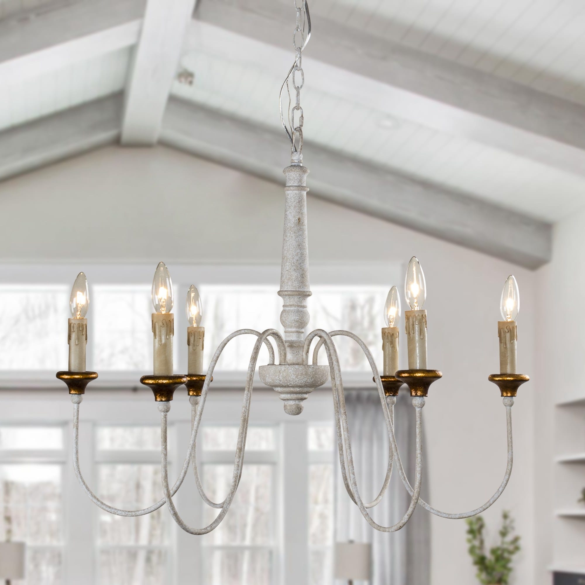 French Country Traditional 6 Light Distressed White Candle Style Chandelier 30.7 in W x 25.2 in H