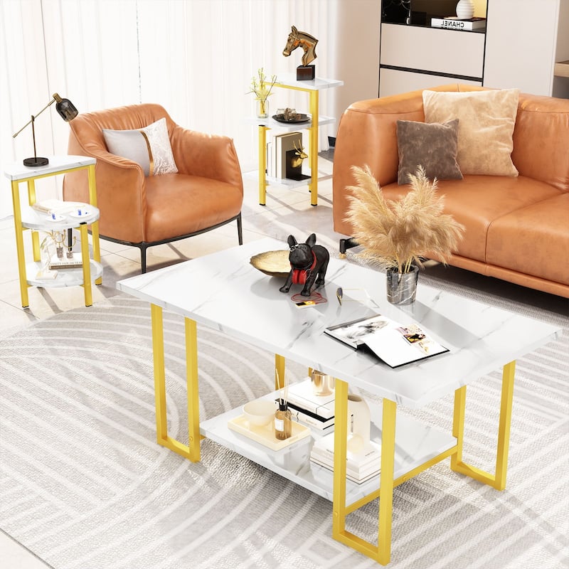 Coffee Table Set of 3, 3-Piece Table Set, Coffee Table and 2 End Tables, Living Room Table Sets - White