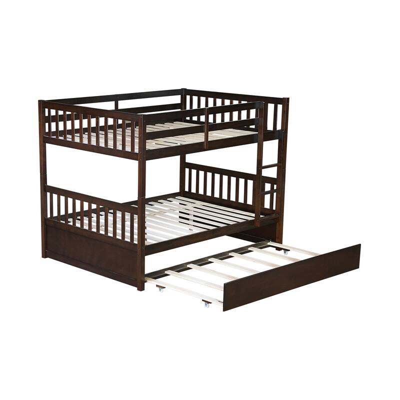 Roomfitters Full Over Full Rubber Wood Bunk Bed with Trundle, Convertible Design, Ladder and Safety Guardrails, Espresso