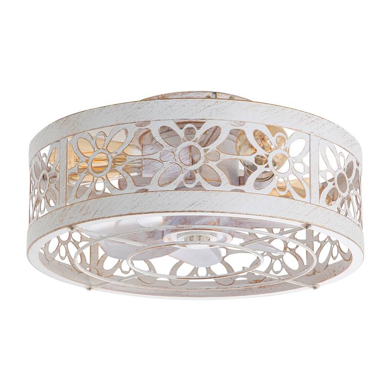 16.5in Vintage Distressed White Flush Mount Caged Ceiling Fan with Remote Light(7-Blade)