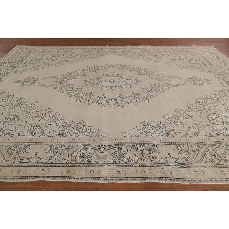 Hand Knotted Oriental 100% Wool Carpet Traditional Floral Beige & Ivories Tabriz Area Rug - 12' 4'' X 9' 4''