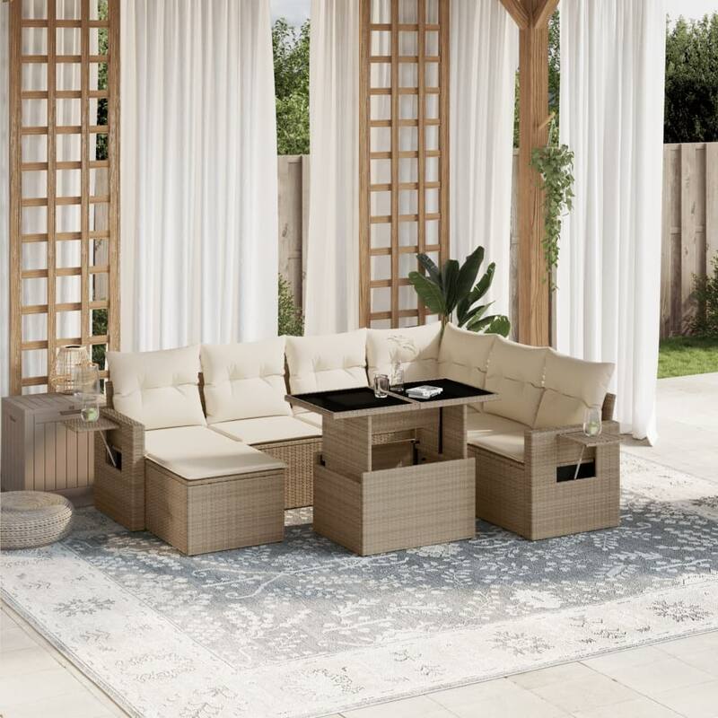 vidaXL Patio Sofa Set with Cushions Outdoor Furniture 8 Piece Poly Rattan - 21.7 x 39.4 x 28.7 - Beige and Cream