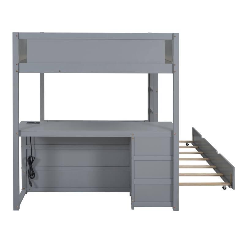 Full-Over-Full Bunk Bed with Twin Trundle, Storage, Desk, and USB Ports, Gray