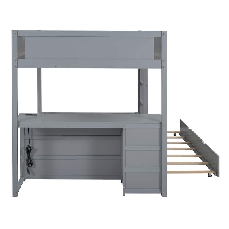 Full-Over-Full Bunk Bed with Twin size Trundle, Storage and Desk, Gray