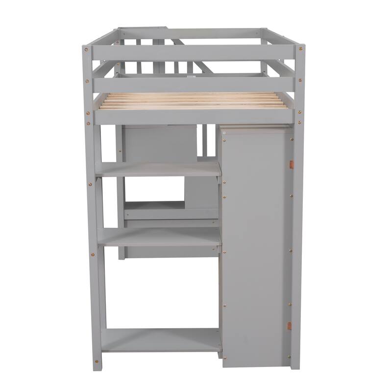 Twin Loft Bed with Storage Drawers, Shelves, and Stairs in Gray