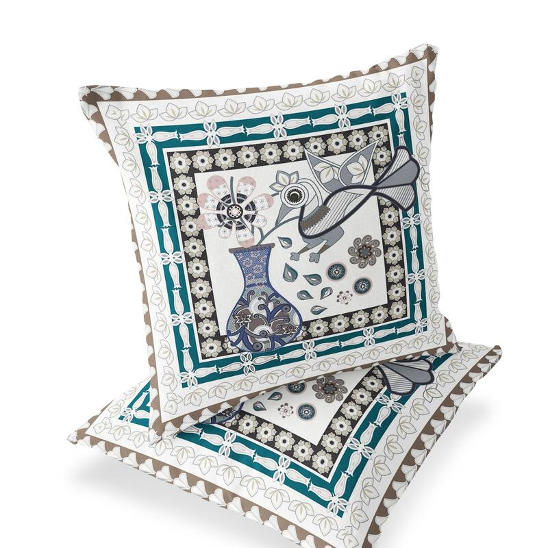 HomeRoots Set of Two 16" X 16" Beige and Green Peacock Blown Seam Floral Indoor Outdoor Throw Pillow - 16.00' X '16.00' X '5.00