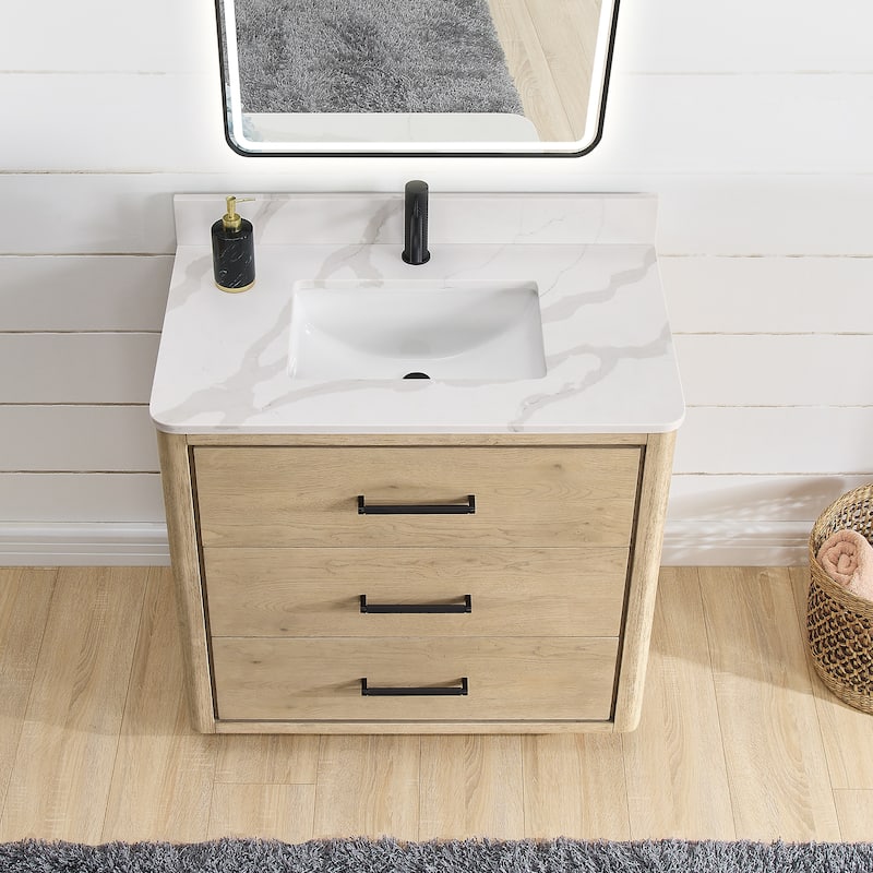 Porto Bath Vanity with White Quartz Stone Top and Mirror