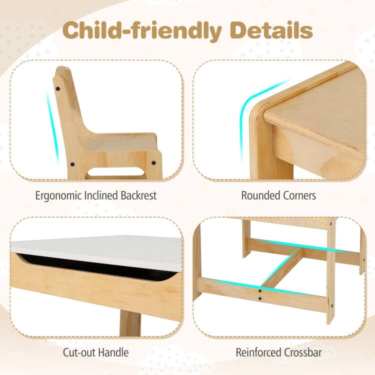 Plywood 3 in 1 Kids Table and Chairs Set with Storage Bins - 24.5" x 24.5" x 19"