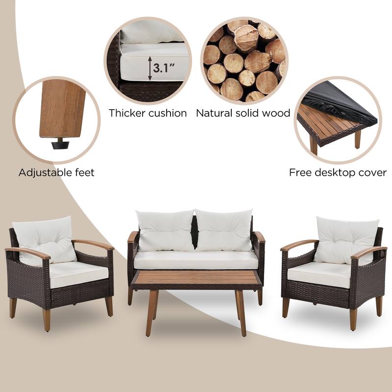 4-Piece Garden Furniture, Patio Seating Set, PE Rattan Outdoor Sofa Set, Wood Table & Legs, Brown & Blue