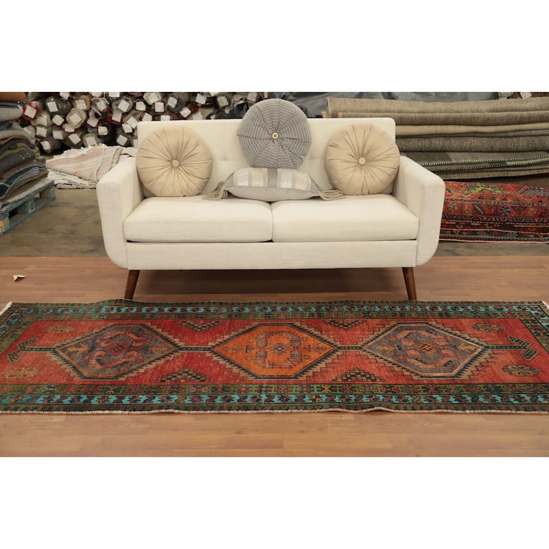 Hand Knotted Oriental 100% Wool Carpet Traditional Tribal Oranges & Rust Ardebil Runner Rug - 8' 7'' X 3' 5''