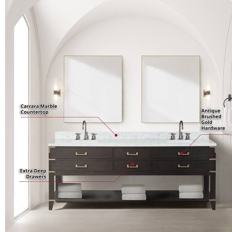 Lexora Norwalk Bath Vanity, Carrara Marble Top, Faucet Set, and Mirror