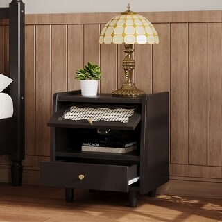 Wooden Nightstand with Rattan-Woven Storage Cabinet and 1 Drawer, Exquisite Elegance with Natural Storage Solutions for Bedroom, Walnut