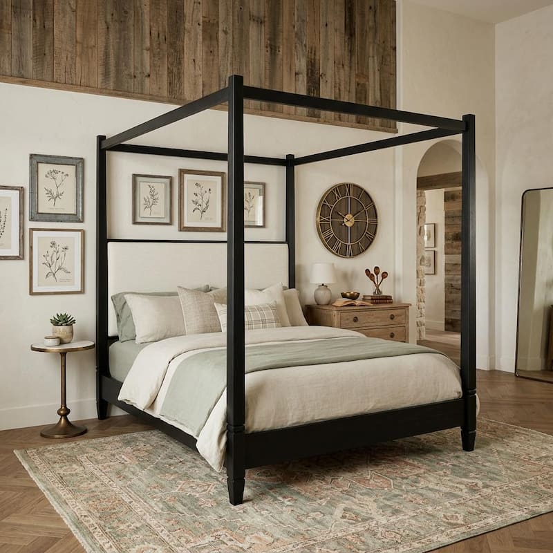 Canopy Platform Bed with Upholstered Headboard by Harper&Bright Designs - Black - Queen