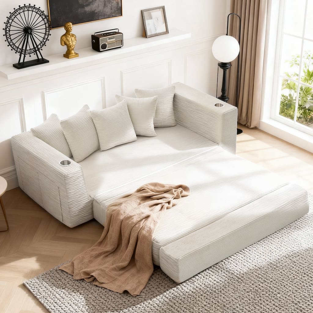 Convertible Sofa Bed, 76" Boneless Loveseat Couch 2 in 1 Foldable Floor Sofa Couch with 2 Cup Holders, Folding Sleeper Chair