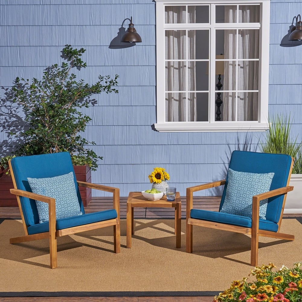 Leah Outdoor 3-piece Acacia Wood Chat Set with Cushions by Christopher Knight Home
