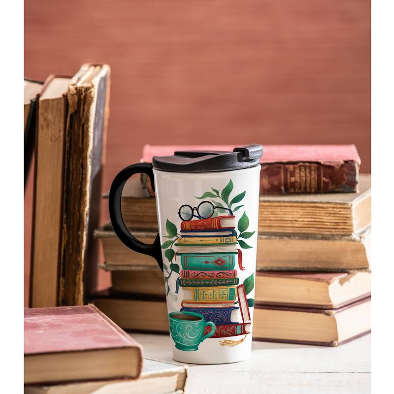 Ceramic Perfect Travel Cup, 17oz, w/ Gift Box, Books on Books