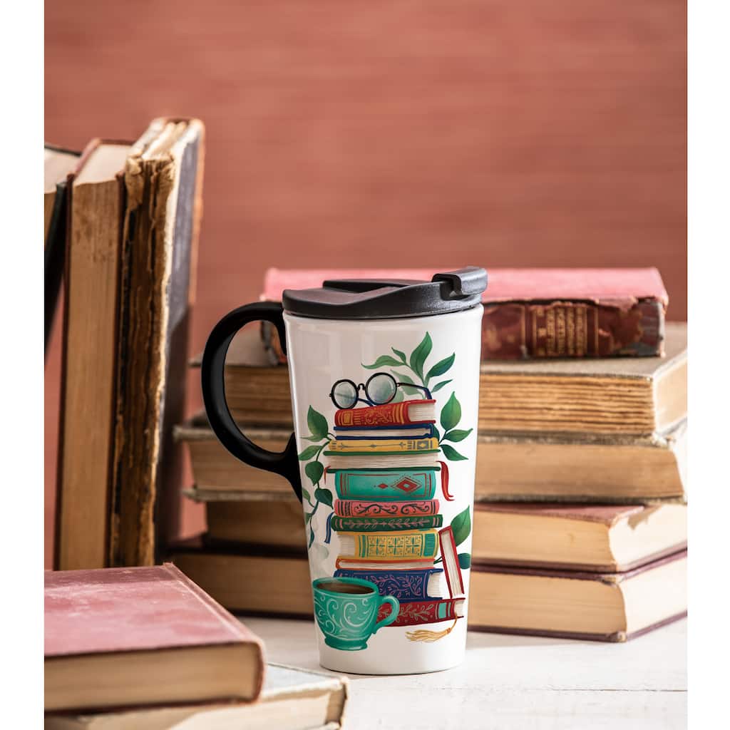 Ceramic Perfect Travel Cup, 17oz, w/ Gift Box, Books on Books